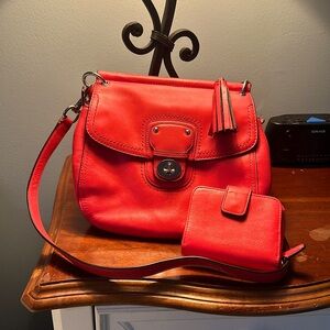 Coach Crossbody Bag Satchel & Matching Wallet Red Set Lot Clasp Silver Leather